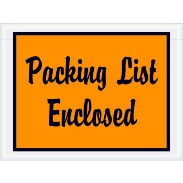 The Packaging Wholesalers Full Face Envelopes, "Packing List Enclosed" Print, 6"L x 4-1/2"W, Orange, 1000/Pack ENVPQ1